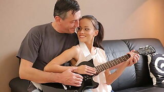 OLD4K. Superannuated sportsman plays guitar for teen babe then he fucks their way
