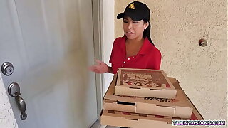 Jay Romero and Rion King wants some pizza and Ember Snow delivered it unused and hot with an extra threesome service.
