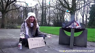 Homeless Girl Begging be incumbent on Old Cock
